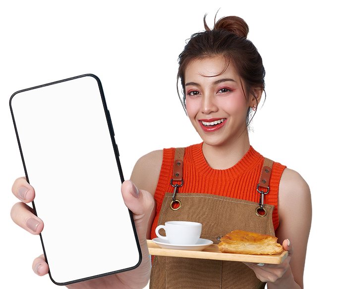 Woman holding phone with coffee tray